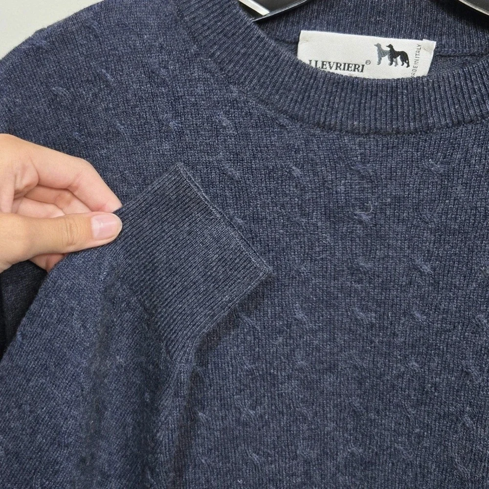 I Levrieri Cable Knit Sweater Mens M Blue Cashmere Silk Crewneck Italy Fisherman